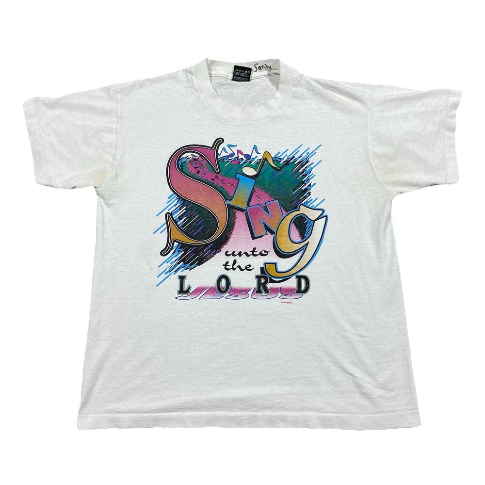 VTG 90s Fruit Loom Sing Lord Jesus Religion Art USA White Tee T-Shirt L